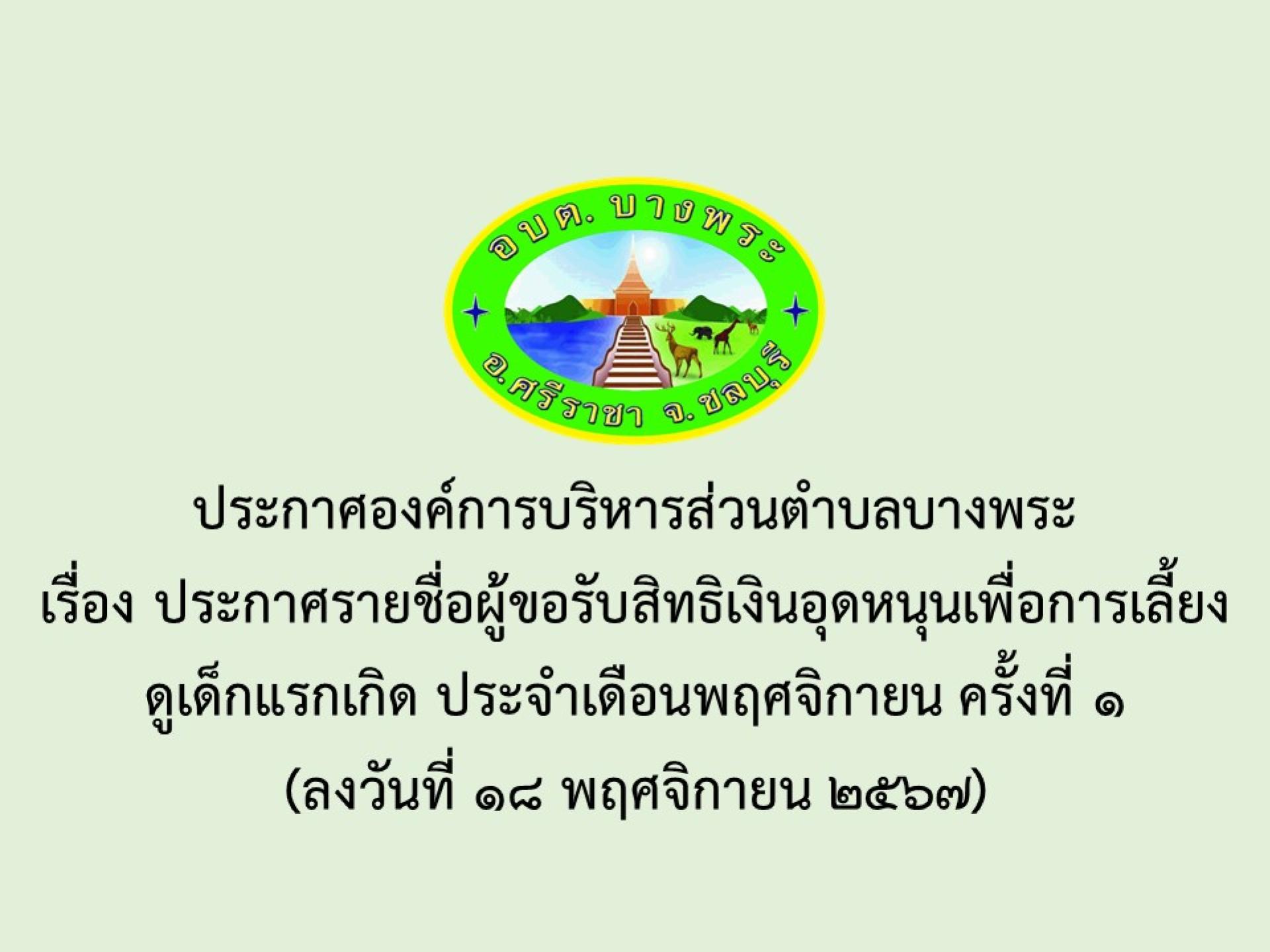 ประกาศองค์การบริหารส่วนตำบลบางพระ เรื่อง ประกาศรายชื่อผู้ขอรับสิทธิเงินอุดหนุนเพื่อการเลี้ยงดูเด็กแรกเกิด ประจำเดือนพฤศจิกายน ครั้งที่ 1
(ลงวันที่ 18 พฤศจิกายน 2567)
